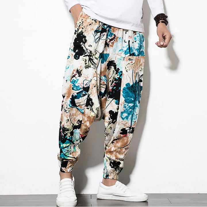 Buddha Stones Flowers Leaves Brown Blue Painting Print Cotton Men's Long Cropped Harem Pants With Pockets