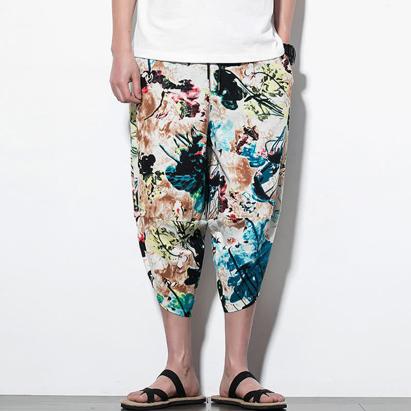 Buddha Stones Flowers Leaves Brown Blue Painting Print Cotton Men's Long Cropped Harem Pants With Pockets