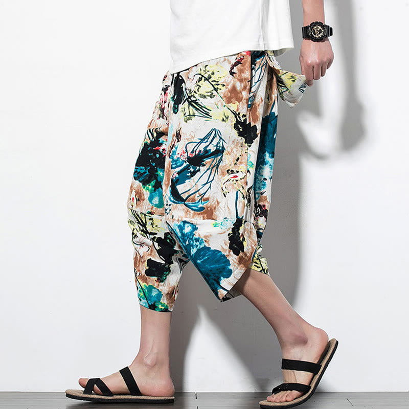Buddha Stones Flowers Leaves Brown Blue Painting Print Cotton Men's Long Cropped Harem Pants With Pockets - Cropped Style SandyBrown Blue - US/UK/AU46，EU56 (5XL) - image 10