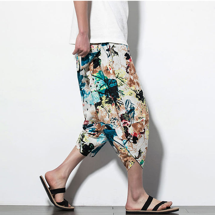 Buddha Stones Flowers Leaves Brown Blue Painting Print Cotton Men's Long Cropped Harem Pants With Pockets