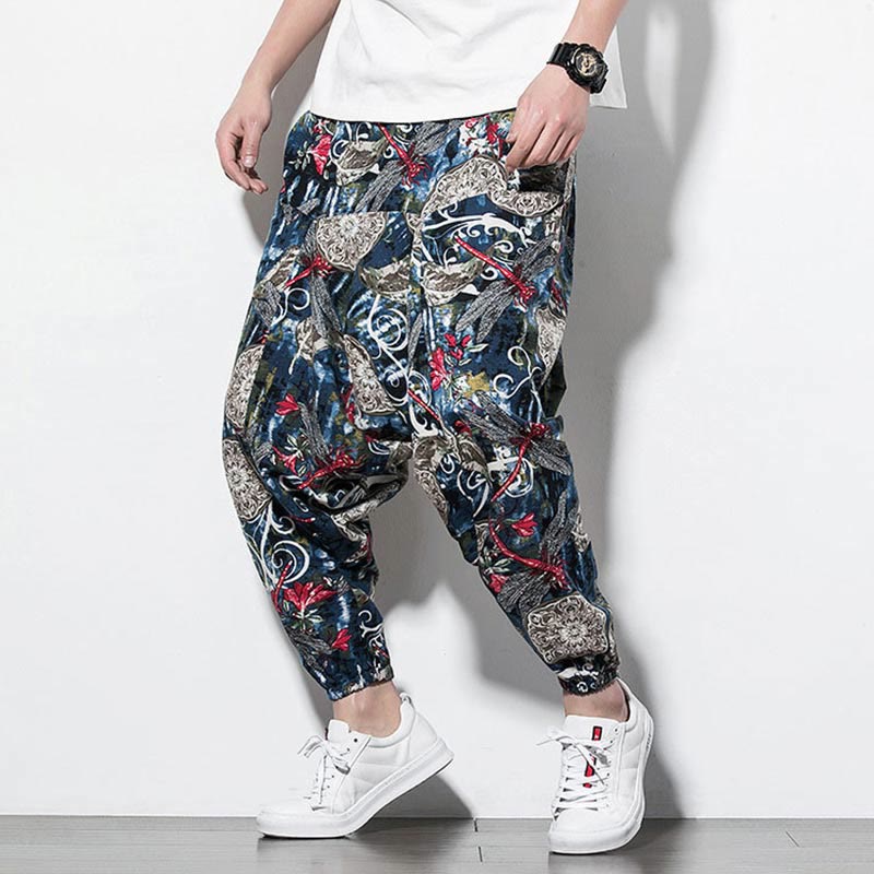 Buddha Stones Red Dragonfly Dandelion Print Cotton Men's Harem Pants With Pockets - image 4