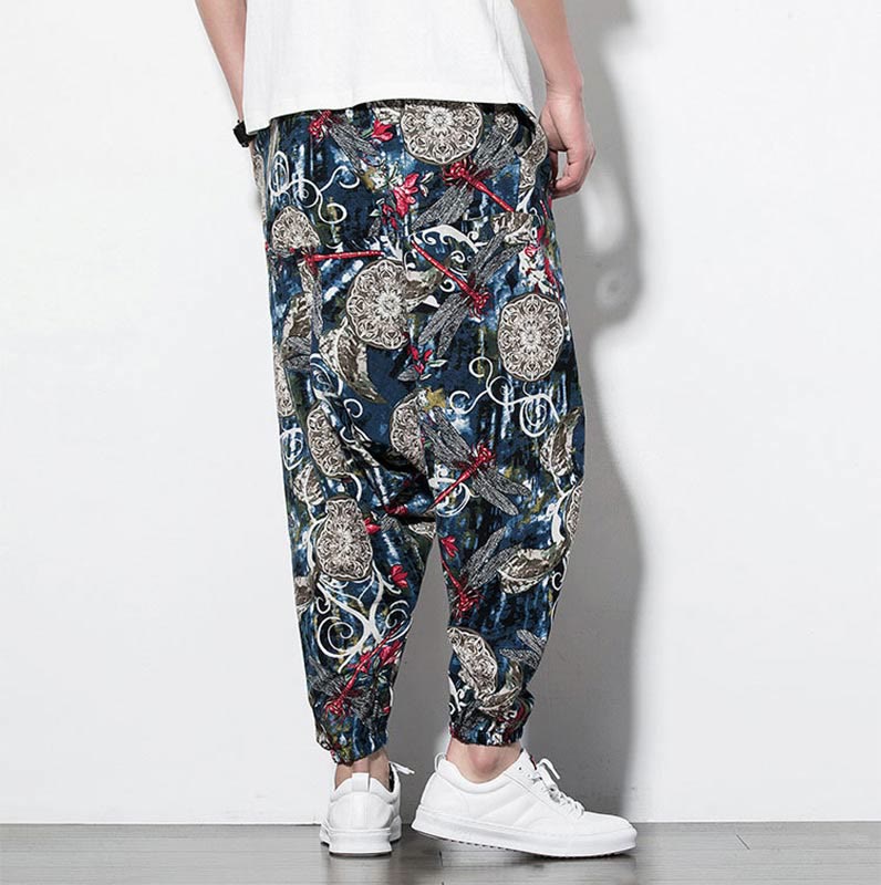 Buddha Stones Red Dragonfly Dandelion Print Cotton Men's Harem Pants With Pockets - image 3