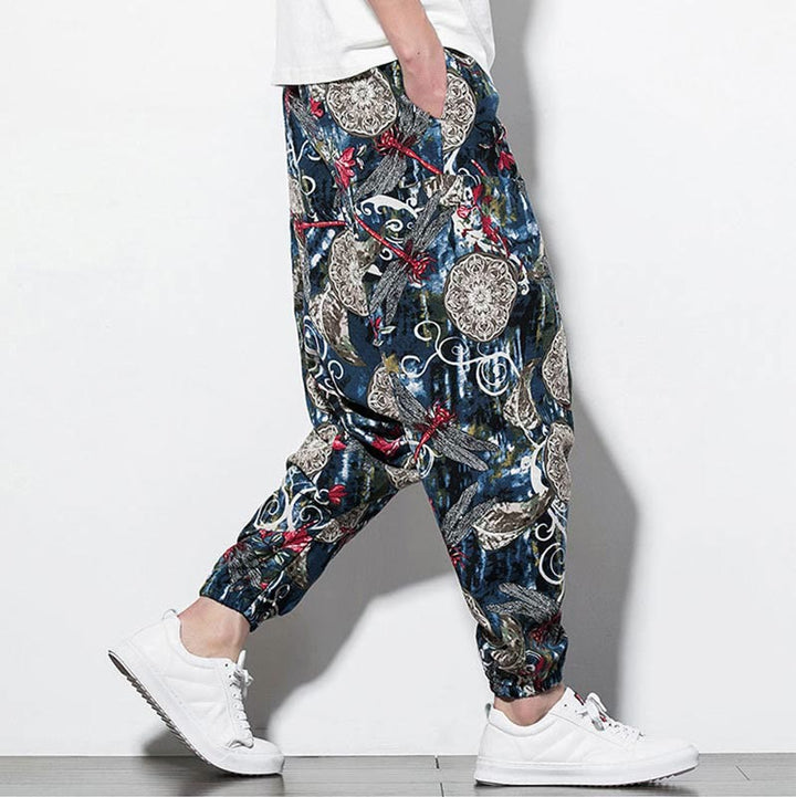 Buddha Stones Red Dragonfly Dandelion Print Cotton Men's Harem Pants With Pockets - image 3
