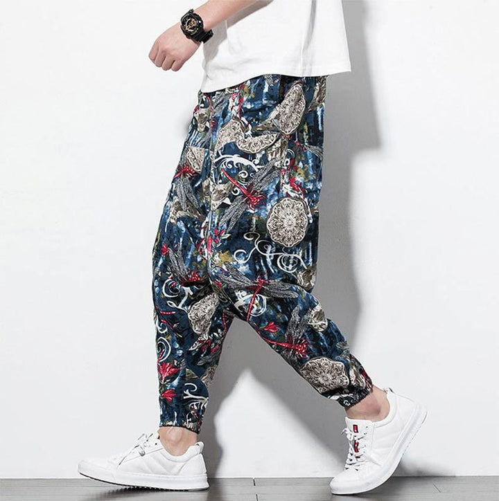 Buddha Stones Red Dragonfly Dandelion Print Cotton Men's Harem Pants With Pockets - SlateGray - US/UK/AU46，EU56 (5XL) - image 1