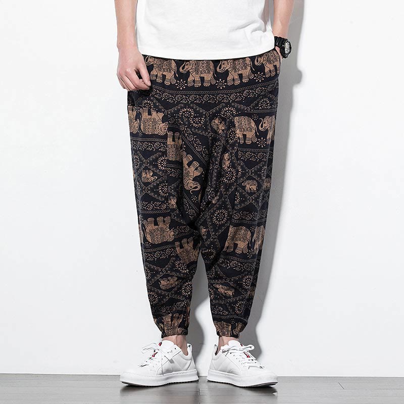 Buddha Stones Elephant Brown Black Print Cotton Men's Long Cropped Harem Pants With Pockets