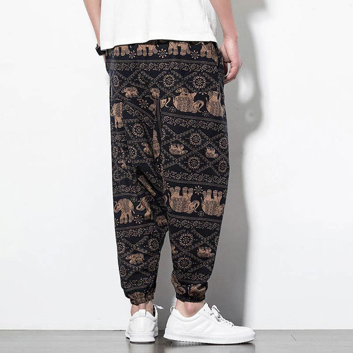 Buddha Stones Elephant Brown Black Print Cotton Men's Long Cropped Harem Pants With Pockets