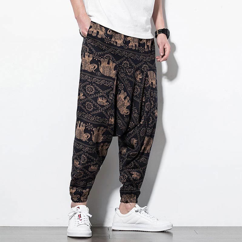 Buddha Stones Elephant Brown Black Print Cotton Men's Long Cropped Harem Pants With Pockets - image 6