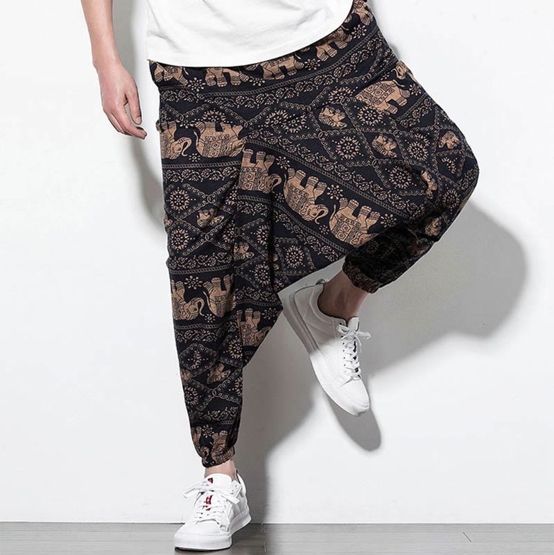 Buddha Stones Elephant Brown Black Print Cotton Men's Long Cropped Harem Pants With Pockets - image 6