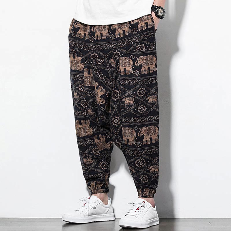 Buddha Stones Elephant Brown Black Print Cotton Men's Long Cropped Harem Pants With Pockets - image 6