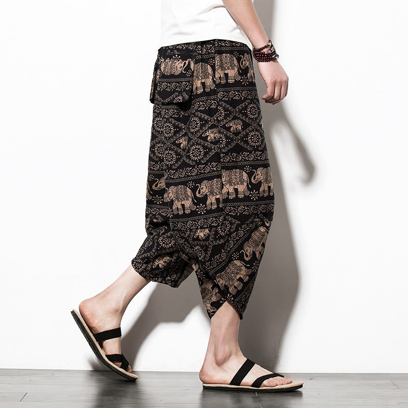 Buddha Stones Elephant Brown Black Print Cotton Men's Long Cropped Harem Pants With Pockets - Cropped Style Elephant - US/UK/AU46，EU56 (5XL) - image 10