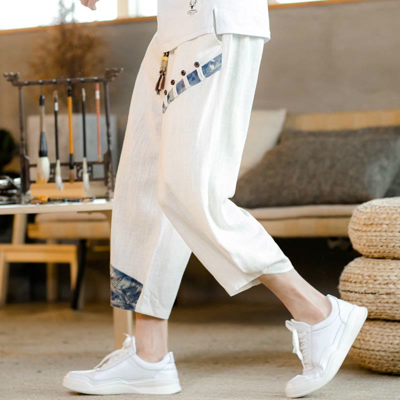 Buddha Stones Patchwork Design Drawstring Cotton Men's Cropped Pants With Pockets - image 1