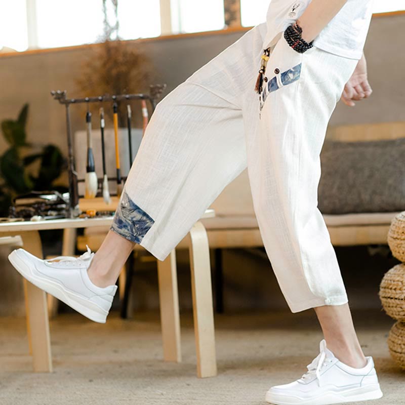Buddha Stones Patchwork Design Drawstring Cotton Men's Cropped Pants With Pockets - image 6
