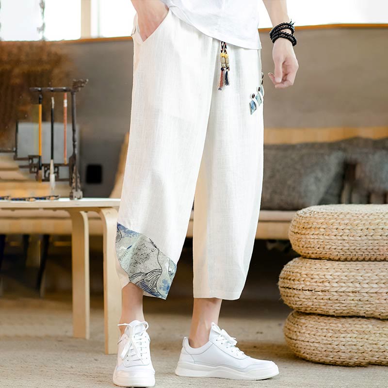 Buddha Stones Patchwork Design Drawstring Cotton Men's Cropped Pants With Pockets - image 2