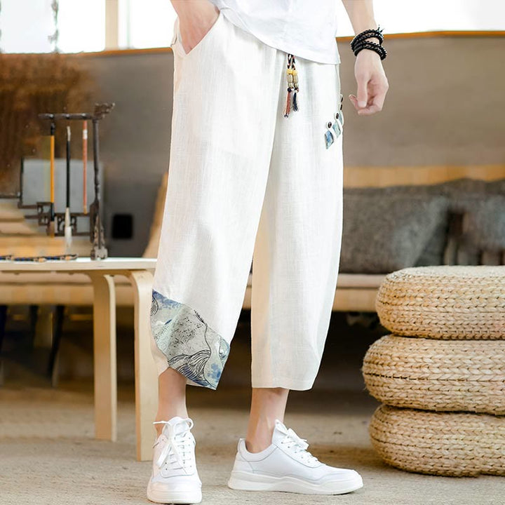 Buddha Stones Patchwork Design Drawstring Cotton Men's Cropped Pants With Pockets - image 2