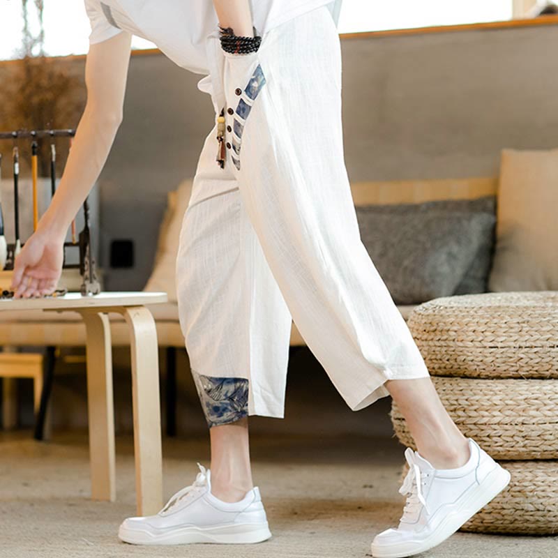 Buddha Stones Patchwork Design Drawstring Cotton Men's Cropped Pants With Pockets - image 4