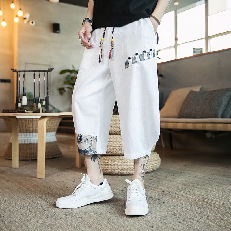 Buddha Stones Patchwork Design Drawstring Cotton Men's Cropped Pants With Pockets