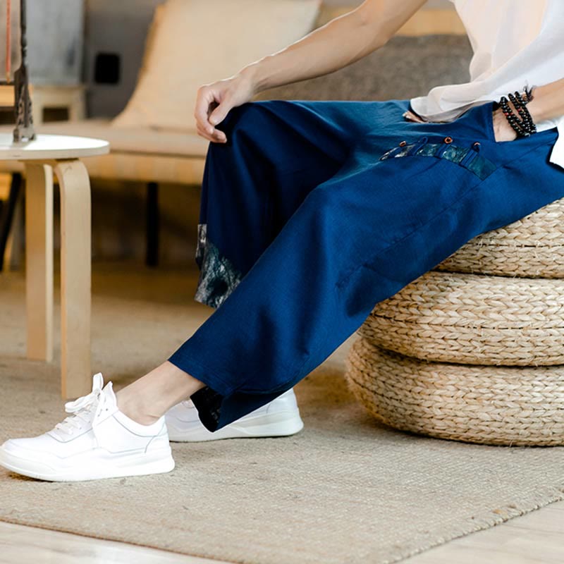 Buddha Stones Patchwork Design Drawstring Cotton Men's Cropped Pants With Pockets - image 13