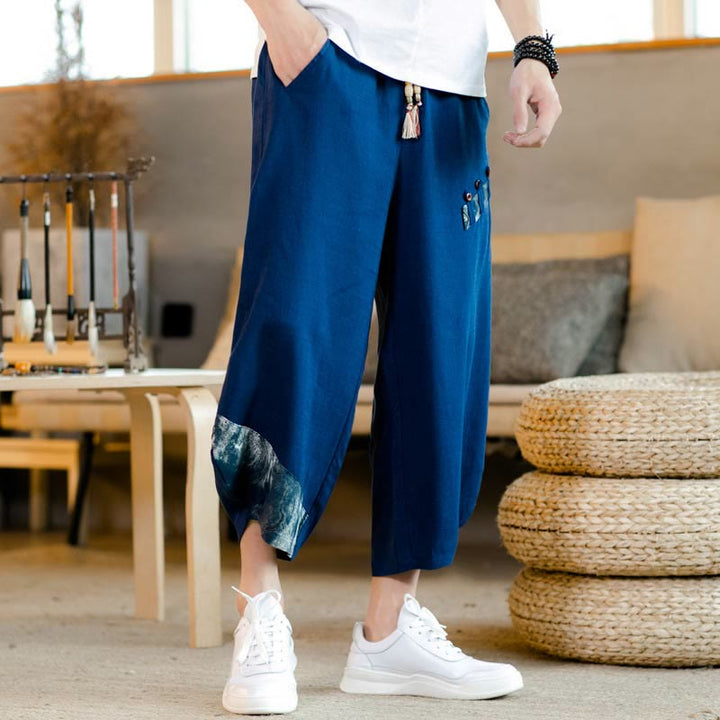 Buddha Stones Patchwork Design Drawstring Cotton Men's Cropped Pants With Pockets - image 10