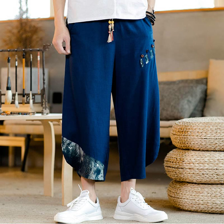 Buddha Stones Patchwork Design Drawstring Cotton Men's Cropped Pants With Pockets - SteelBlue - US/UK/AU46，EU56 (5XL)  - image 9