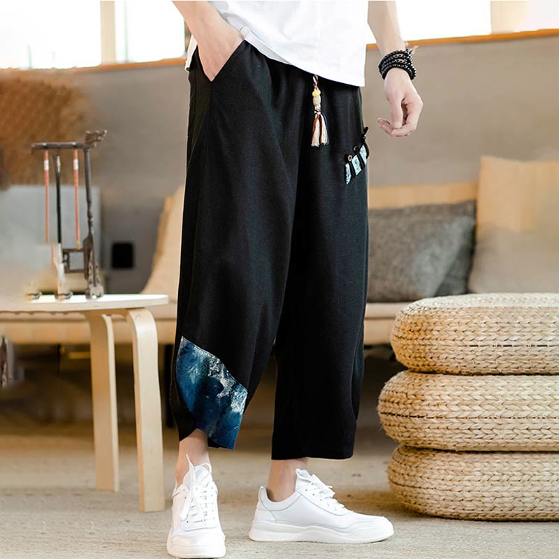 Buddha Stones Patchwork Design Drawstring Cotton Men's Cropped Pants With Pockets - image 16
