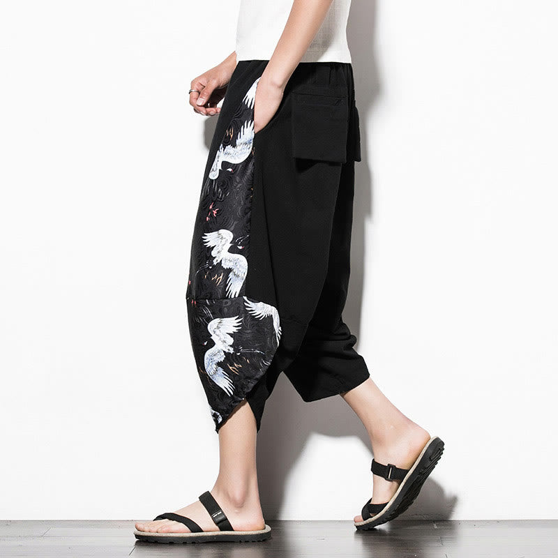 Buddha Stones White Crane Print Cotton Men's Cropped Harem Pants With Pockets - image 5