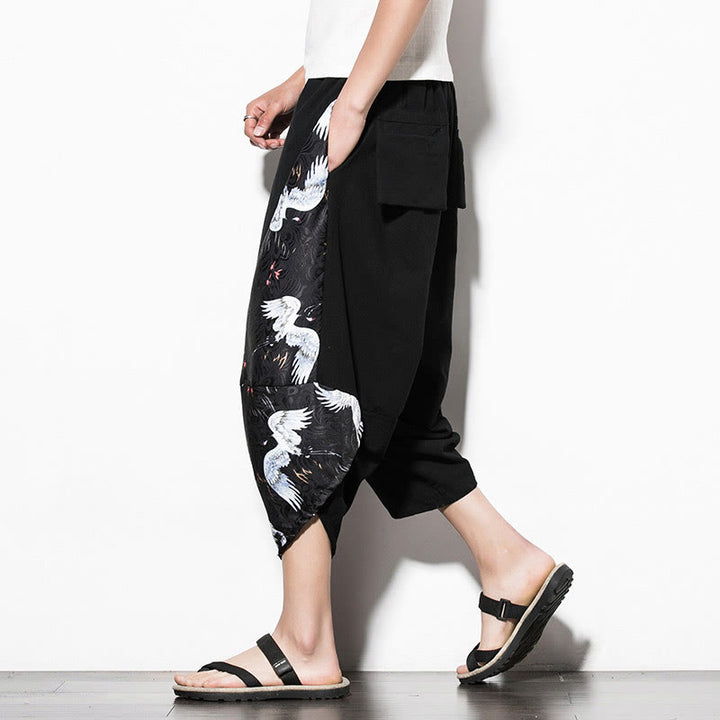 Buddha Stones White Crane Print Cotton Men's Cropped Harem Pants With Pockets - image 5