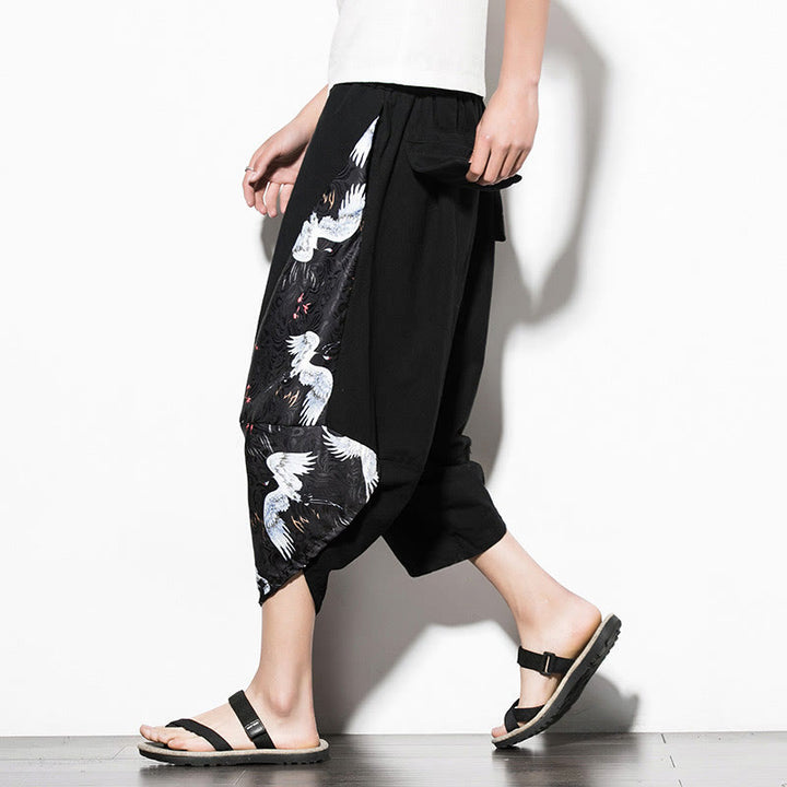 Buddha Stones White Crane Print Cotton Men's Cropped Harem Pants With Pockets - Black - US/UK/AU46，EU56 (5XL)  - image 0