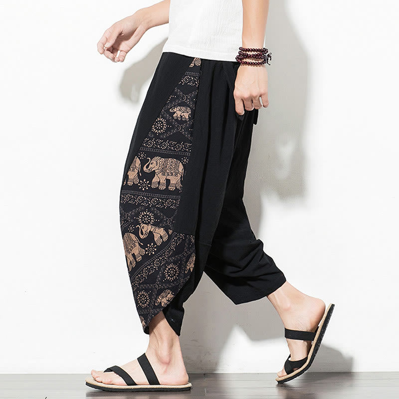 Buddha Stones Brown Elephant Print Cotton Men's Cropped Harem Pants With Pockets - image 5