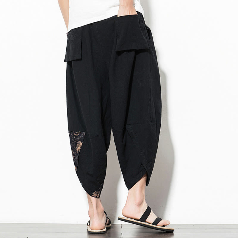 Buddha Stones Brown Elephant Print Cotton Men's Cropped Harem Pants With Pockets - image 2