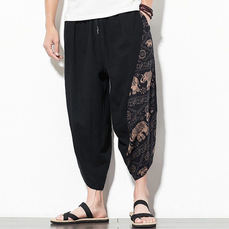 Buddha Stones Brown Elephant Print Cotton Men's Cropped Harem Pants With Pockets - image 1