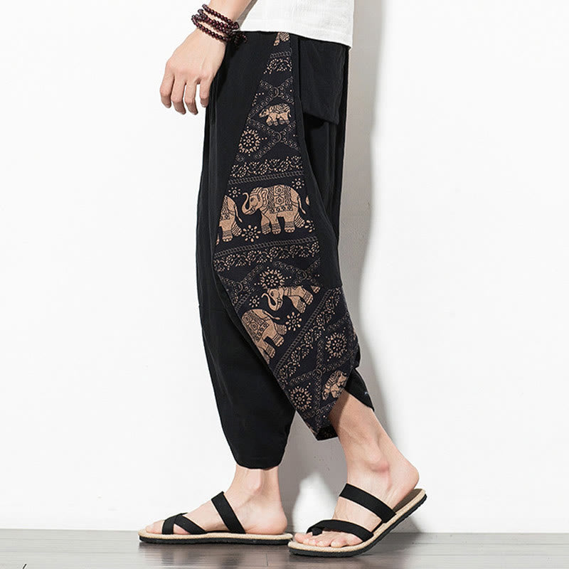 Buddha Stones Brown Elephant Print Cotton Men's Cropped Harem Pants With Pockets - image 4