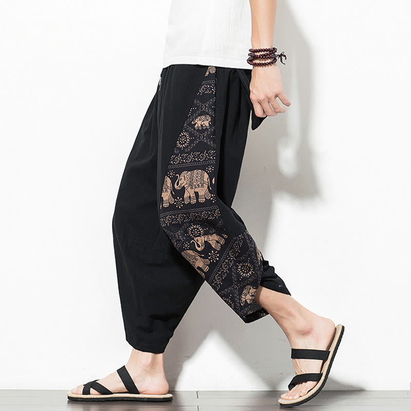Buddha Stones Brown Elephant Print Cotton Men's Cropped Harem Pants With Pockets - Black - US/UK/AU46，EU56 (5XL) - image 1