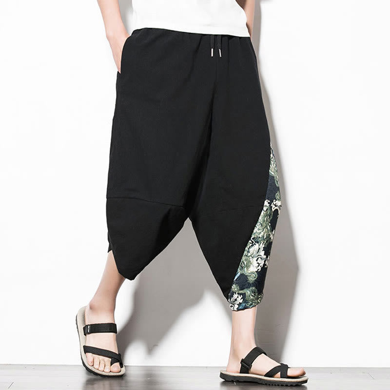 Buddha Stones Green Waves Print Cotton Men's Cropped Harem Pants With Pockets - image 3