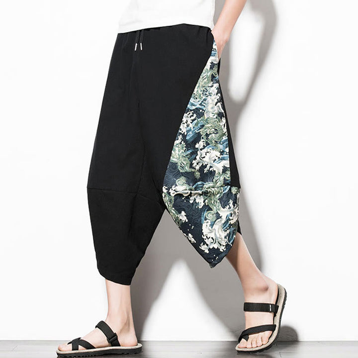 Buddha Stones Green Waves Print Cotton Men's Cropped Harem Pants With Pockets - image 4