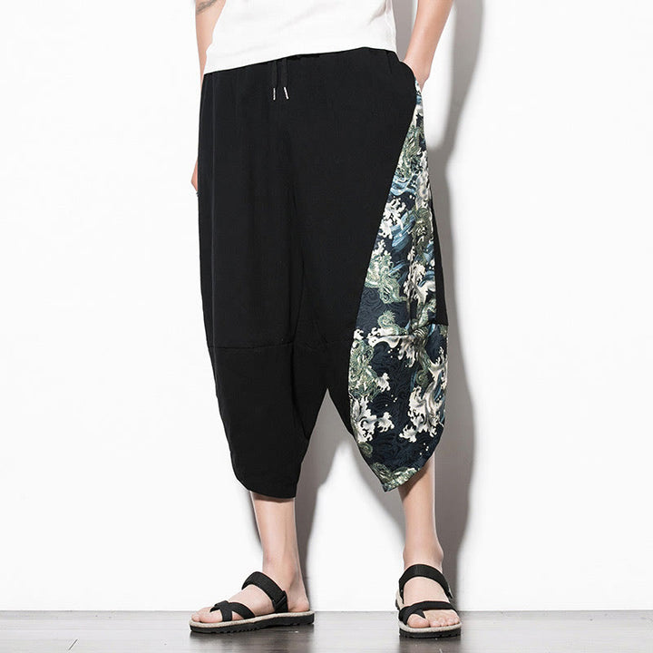 Buddha Stones Green Waves Print Cotton Men's Cropped Harem Pants With Pockets - image 7