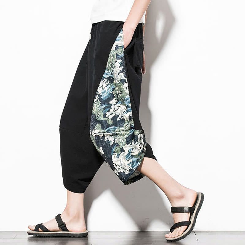 Buddha Stones Green Waves Print Cotton Men's Cropped Harem Pants With Pockets - image 7