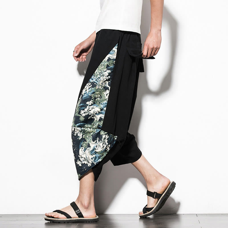 Buddha Stones Green Waves Print Cotton Men's Cropped Harem Pants With Pockets - Black - US/UK/AU46，EU56 (5XL)  - image 1