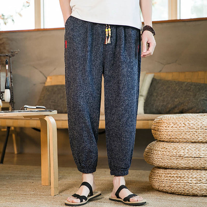 Buddha Stones Plain Drawstring Cotton Men's Harem Pants With Pockets