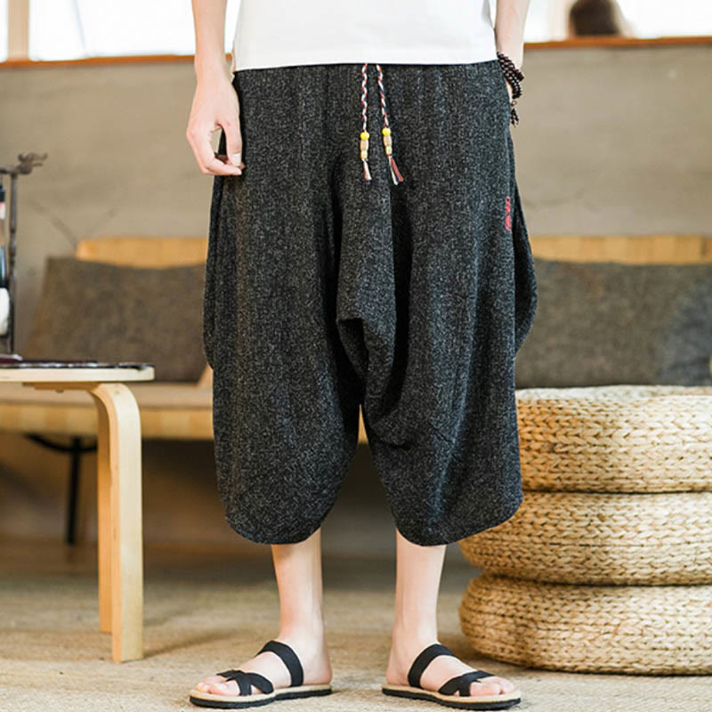 Buddha Stones Plain Design Drawstring Men's Cropped Pants With Pockets