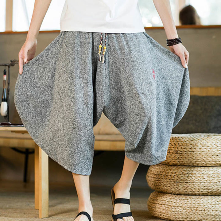 Buddha Stones Plain Design Drawstring Men's Cropped Pants With Pockets