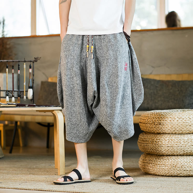 Buddha Stones Plain Design Drawstring Men's Cropped Pants With Pockets