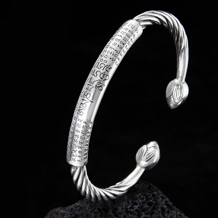 Buddha Stones 999 Sterling Silver Six True Words Heart Sutra Braided Design Lotus Protection Bracelet Bangle - 999 Sterling Silver (Wrist Circumference: 15-17cm) - image 1