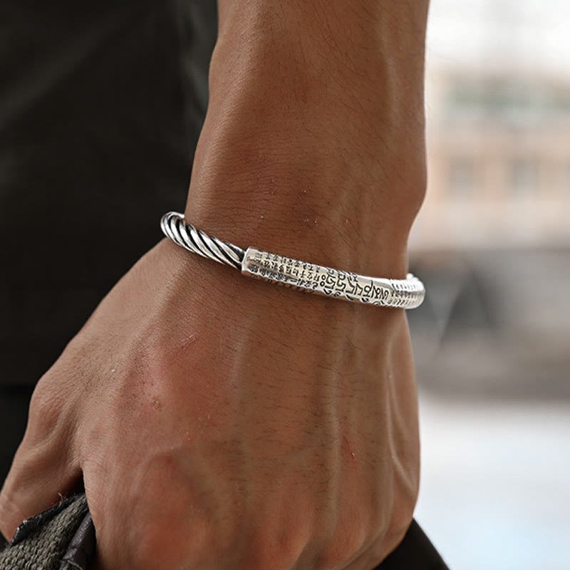 Buddha Stones 999 Sterling Silver Six True Words Heart Sutra Braided Design Lotus Protection Bracelet Bangle - image 3
