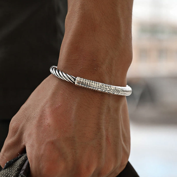 Buddha Stones 999 Sterling Silver Six True Words Heart Sutra Braided Design Lotus Protection Bracelet Bangle - image 3