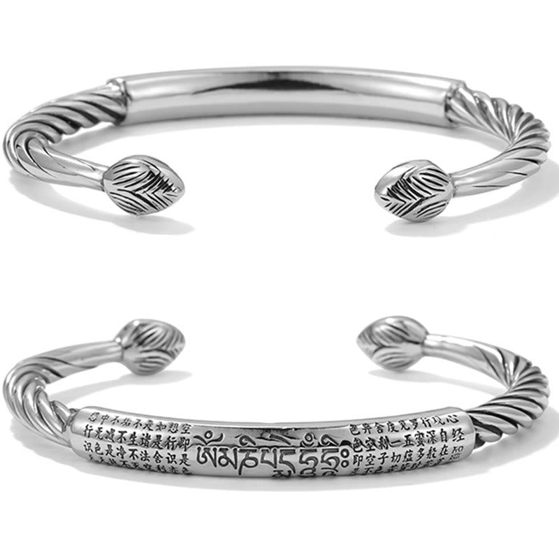 Buddha Stones 999 Sterling Silver Six True Words Heart Sutra Braided Design Lotus Protection Bracelet Bangle - image 6