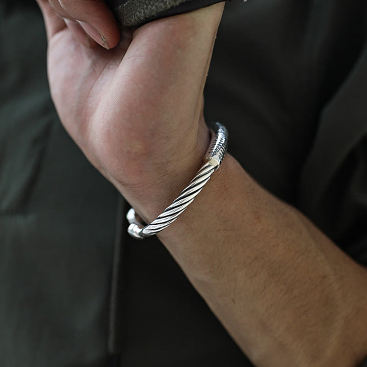 Buddha Stones 999 Sterling Silver Six True Words Heart Sutra Braided Design Lotus Protection Bracelet Bangle - image 4