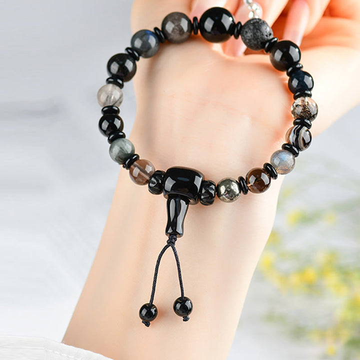 Buddha Stones Five Elements Various Crystal Black Obsidian Wealth Wisdom Bracelet