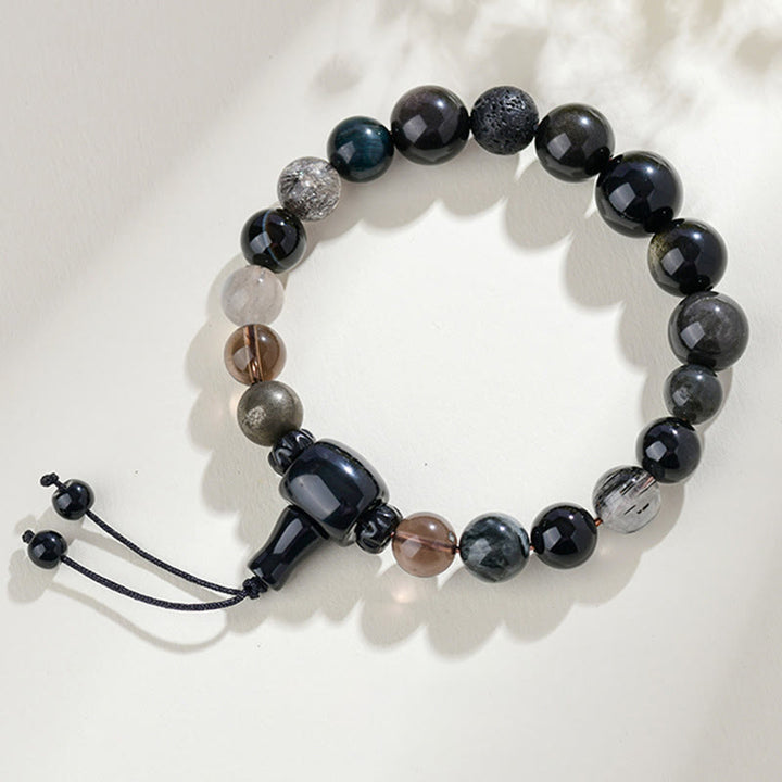 Buddha Stones Five Elements Various Crystal Black Obsidian Wealth Wisdom Bracelet