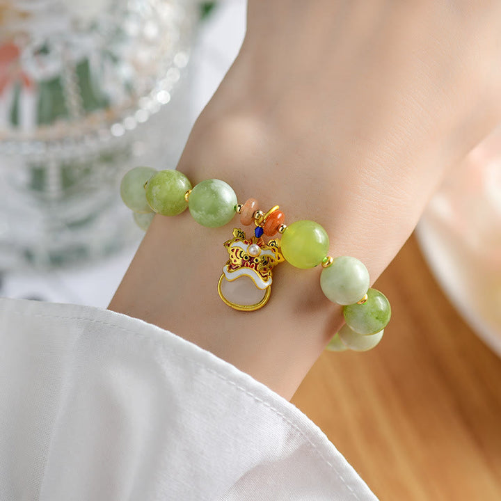 Buddha Stones Natural Jade Dancing Lion Charm Prosperity Luck Bracelet