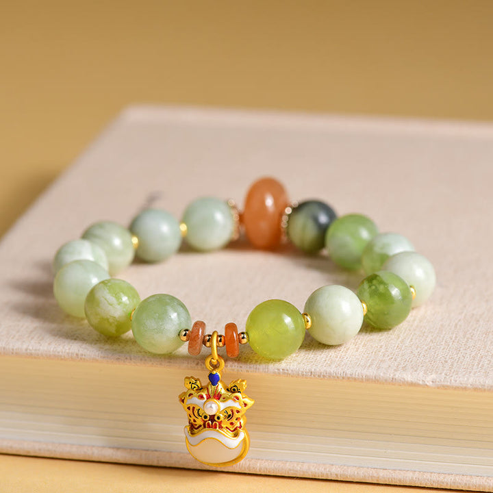 Buddha Stones Natural Jade Dancing Lion Charm Prosperity Luck Bracelet